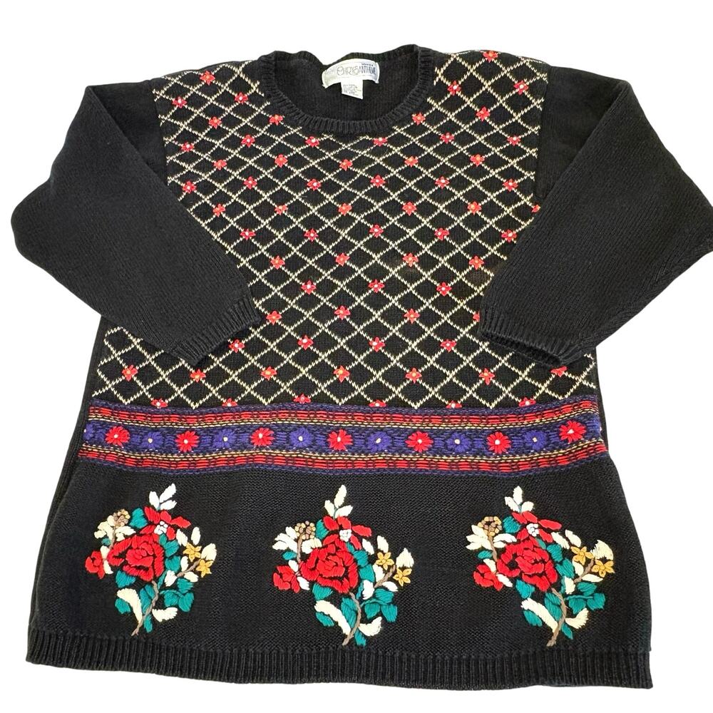 Vintage Chrysantheme Embroidered Christmas Sweater Women's 14/16 | Black Red 80s